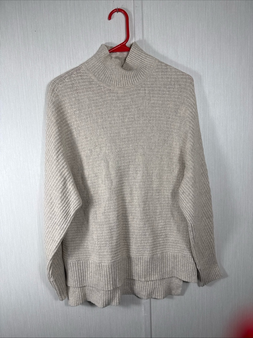 Ann Taylor LOFT Womens S Oatmeal Mock Neck Ribbed Knit Sweater Camel Hair Blend